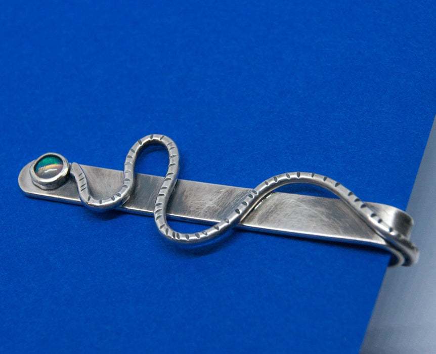 Serpentine silver and opal tie slide