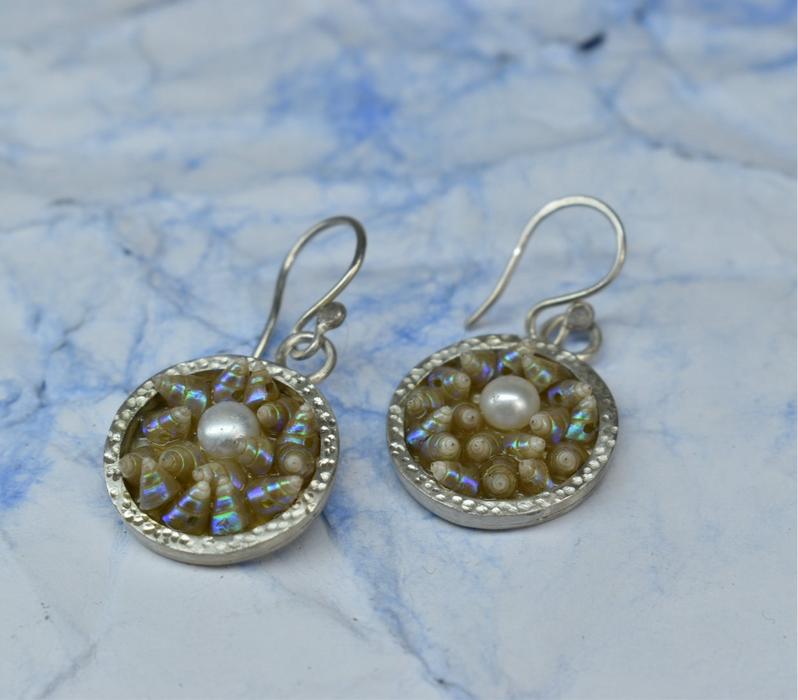 Rare vintage Maireener shell, pearl and sterling earrings