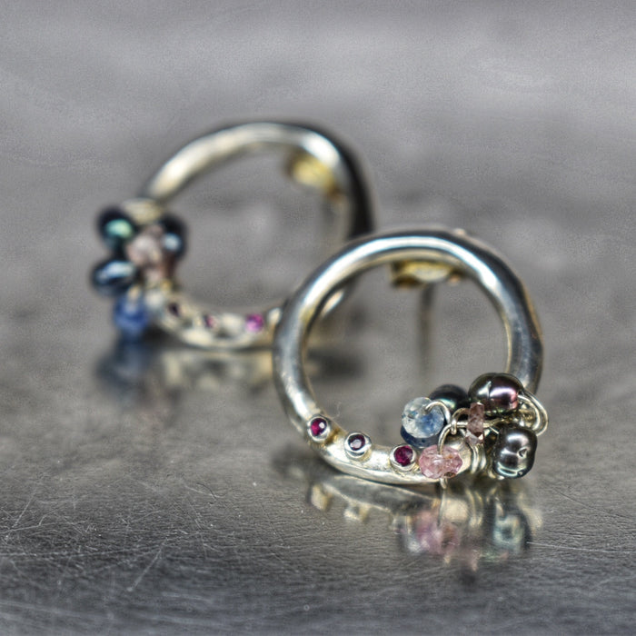 Ruby, sapphire and pearl ‘Encrusted’ circle studs