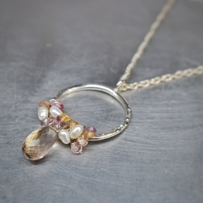 ‘ Encrusted ‘ ametrine, pearl and sapphire pendant