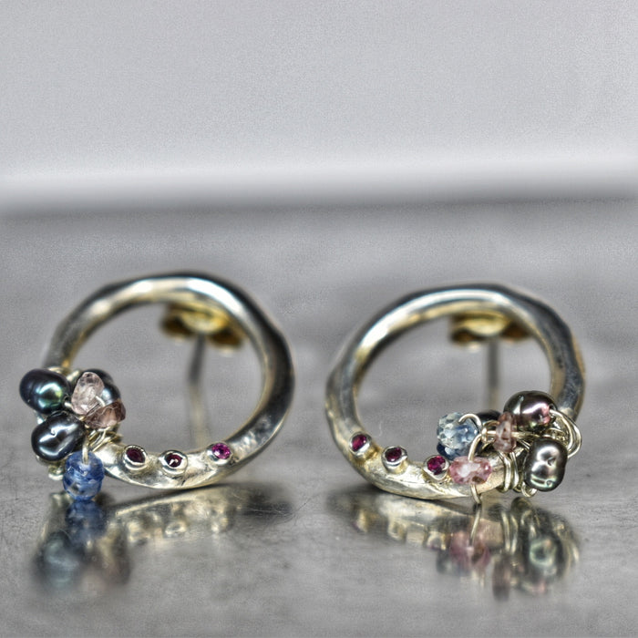 Ruby, sapphire and pearl ‘Encrusted’ circle studs