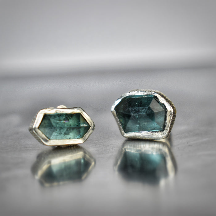 Mismatched teal tourmaline ear studs