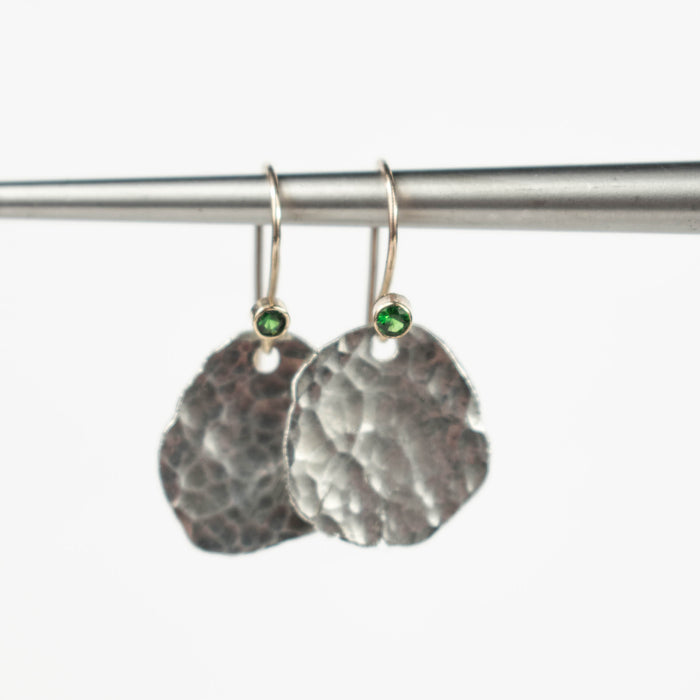 Tsavorite and gold hammered coin earrings