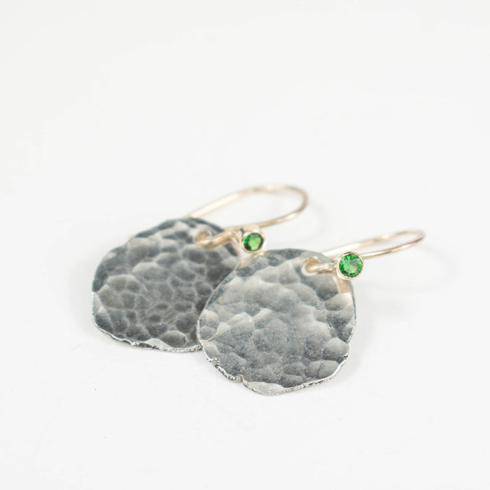 Tsavorite and gold hammered coin earrings