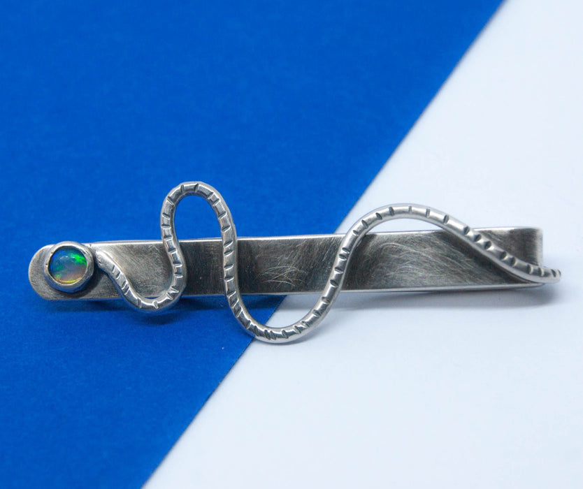 Serpentine silver and opal tie slide